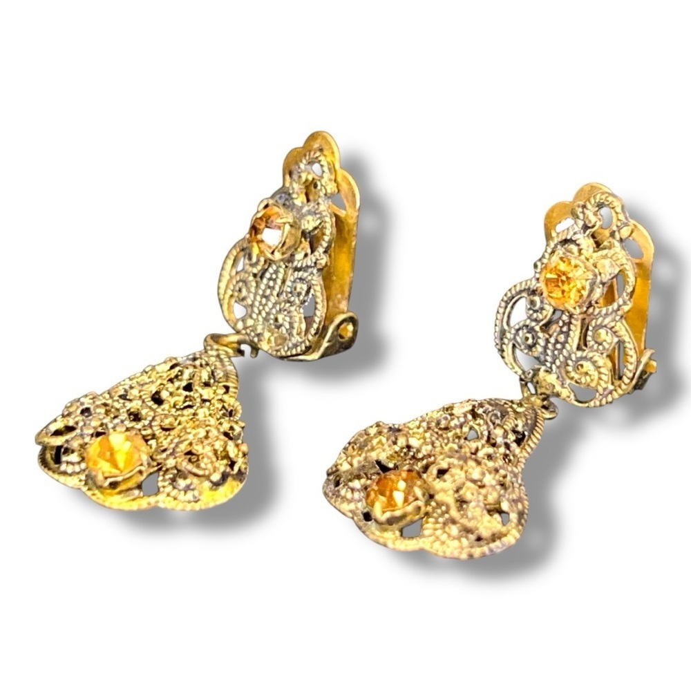 Vintage Gold Orange Gem Clip On Earrings Dangle Style Ornate Event Formal Event